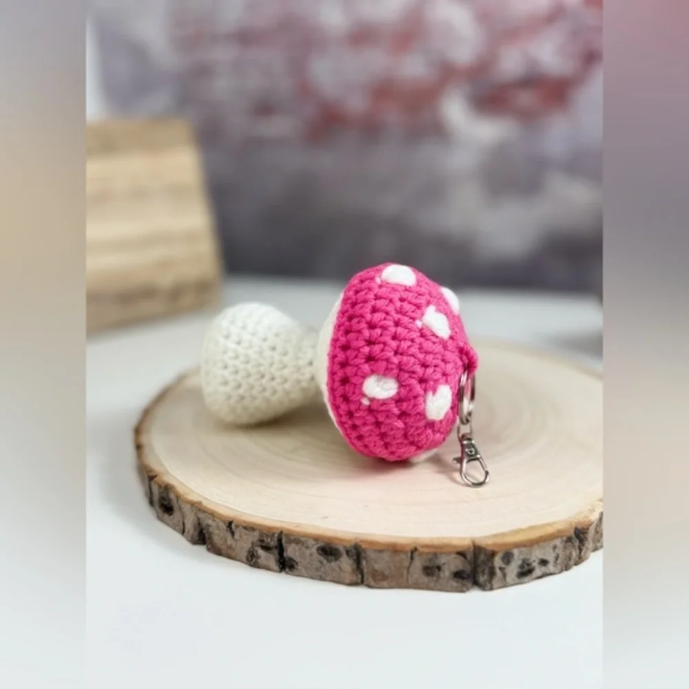 Handcrafted Mushroom Pink and White Crochet Keychain